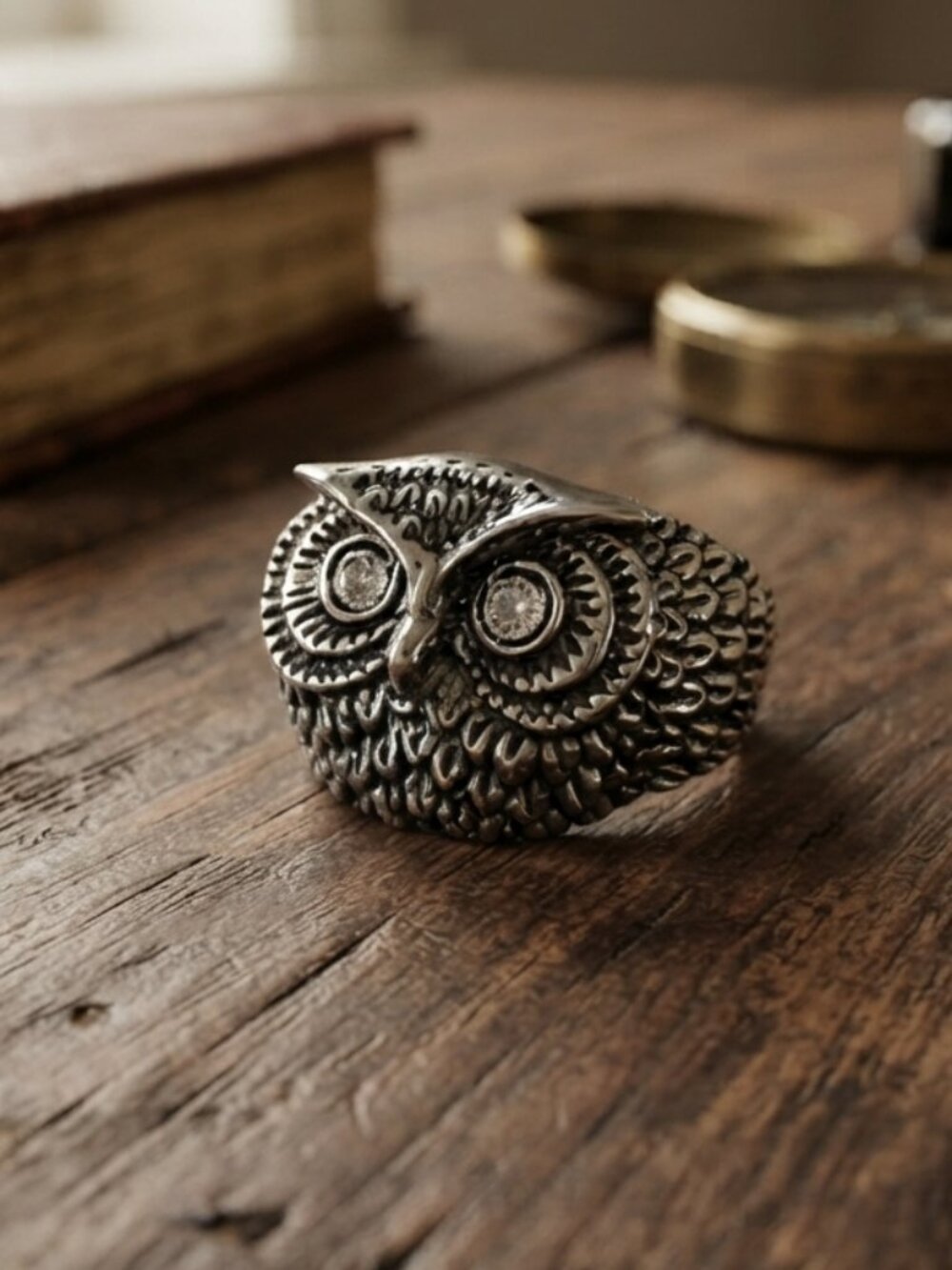 Vintage Style Detailed Owl Statement Ring Silver Tone Boho Jewelry